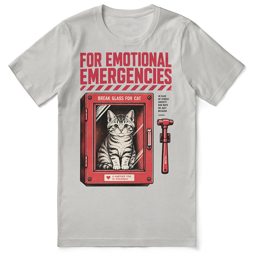 For Emotional Emergencies Cat T-Shirt — silver flat lay