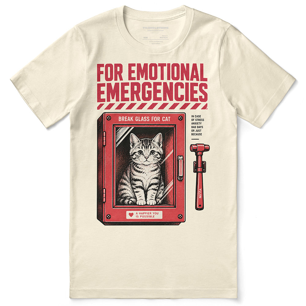 For Emotional Emergencies Cat T-Shirt — natural flat lay