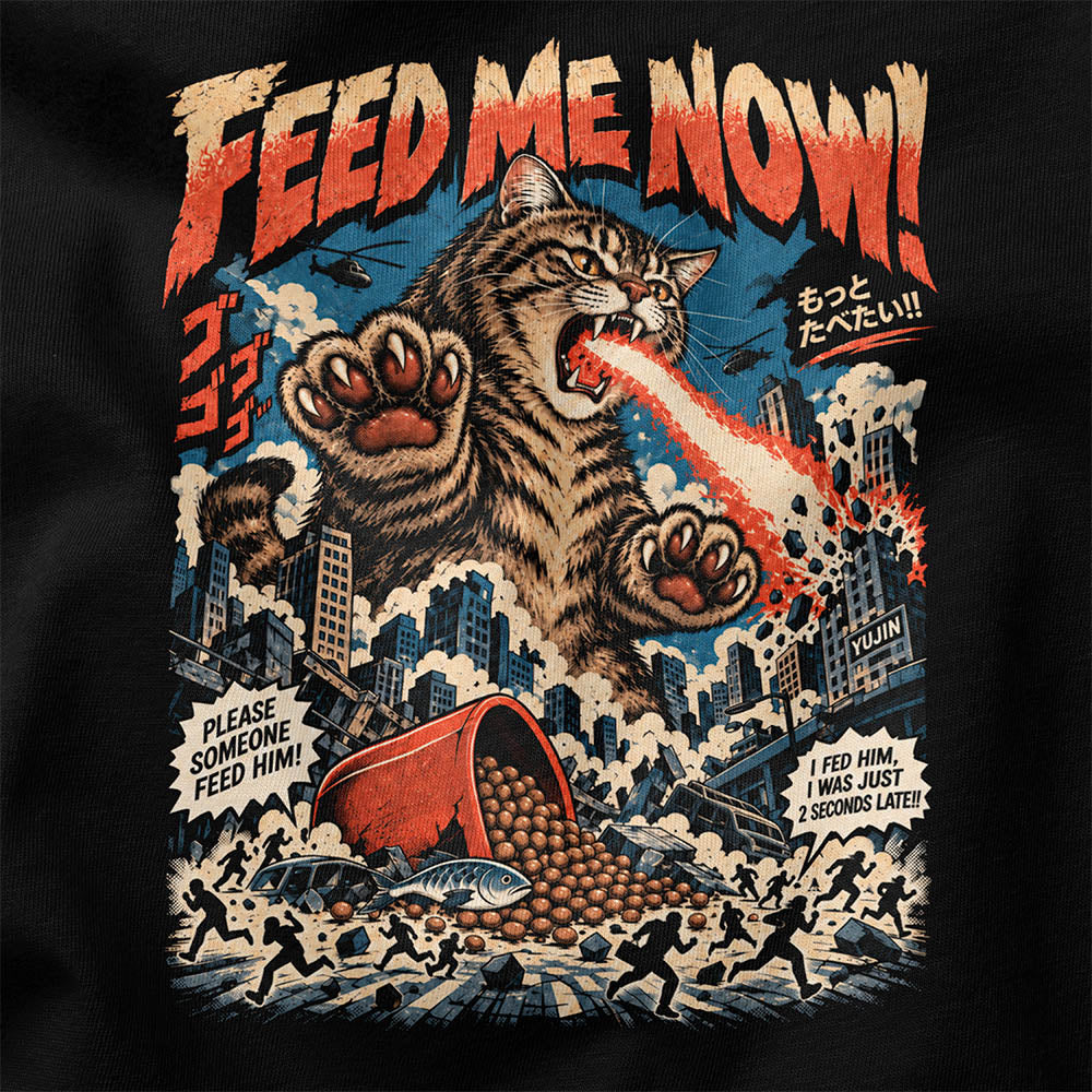 Feed Me Now Cat T-Shirt — Black fabric closeup