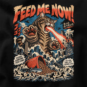 Feed Me Now Cat T-Shirt — Black fabric closeup