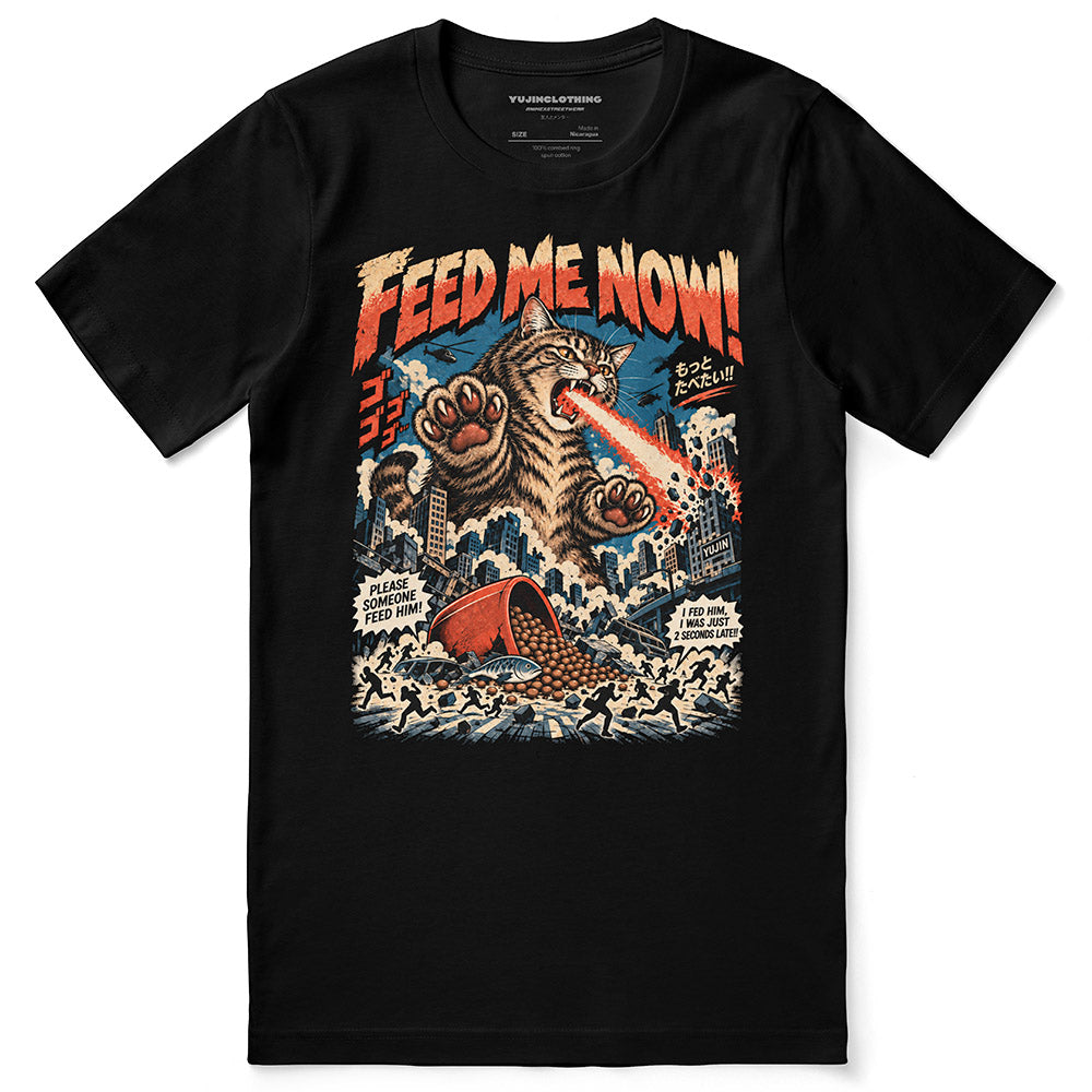 Feed Me Now Cat T-Shirt — Black flat lay
