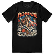 Feed Me Now Cat T-Shirt — Black flat lay