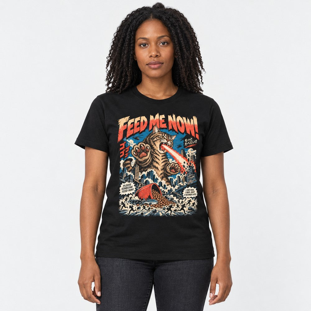 Feed Me Now Cat T-Shirt — Black female lifestyle