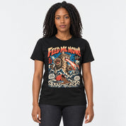 Feed Me Now Cat T-Shirt — Black female lifestyle
