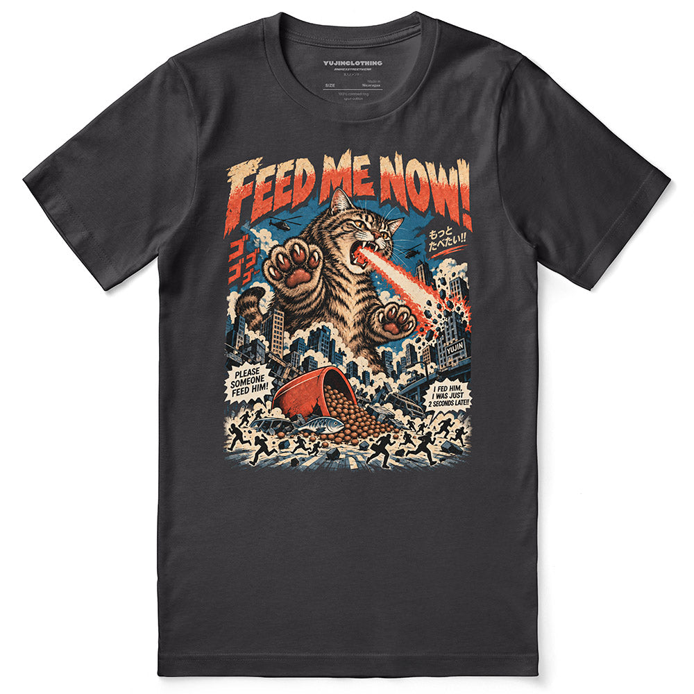 Feed Me Now Cat T-Shirt — Dark Grey flat lay