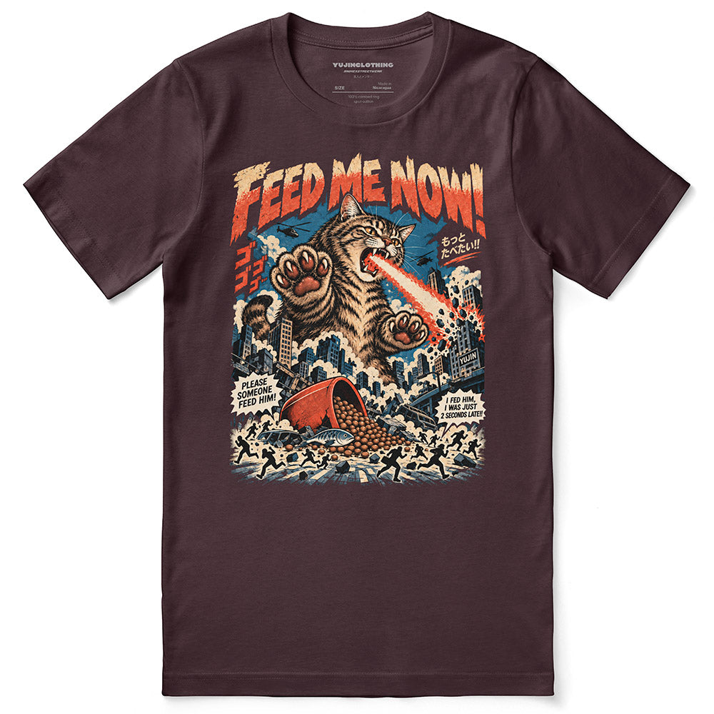 Feed Me Now Cat T-Shirt — Maroon flat lay