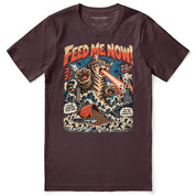 Feed Me Now Cat T-Shirt — Maroon flat lay