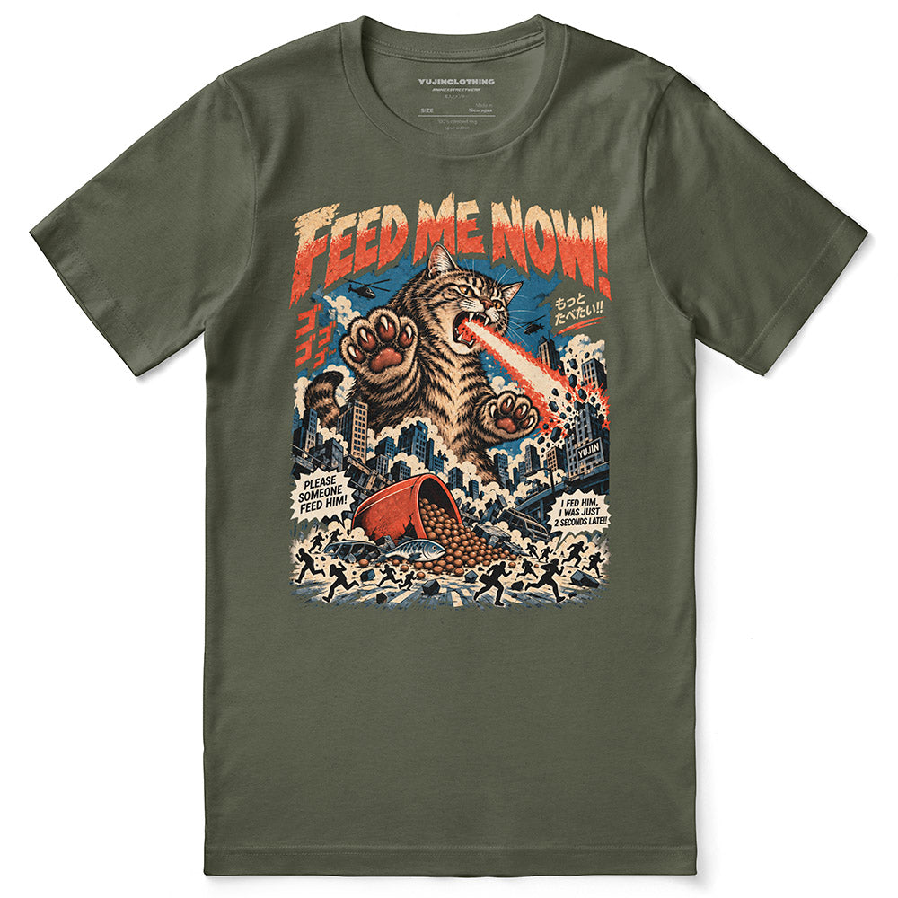 Feed Me Now Cat T-Shirt — Military Green flat lay