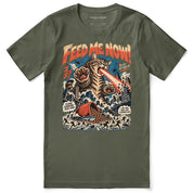 Feed Me Now Cat T-Shirt — Military Green flat lay