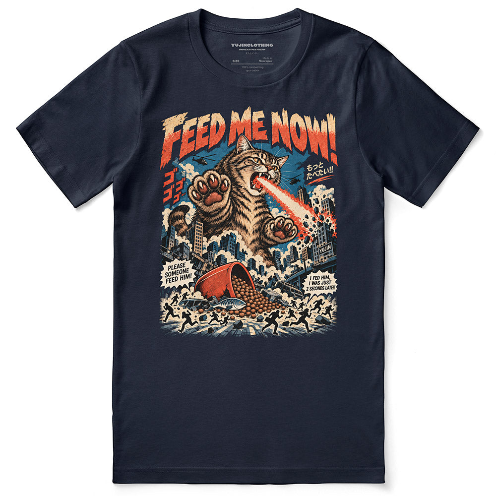 Feed Me Now Cat T-Shirt — Navy flat lay