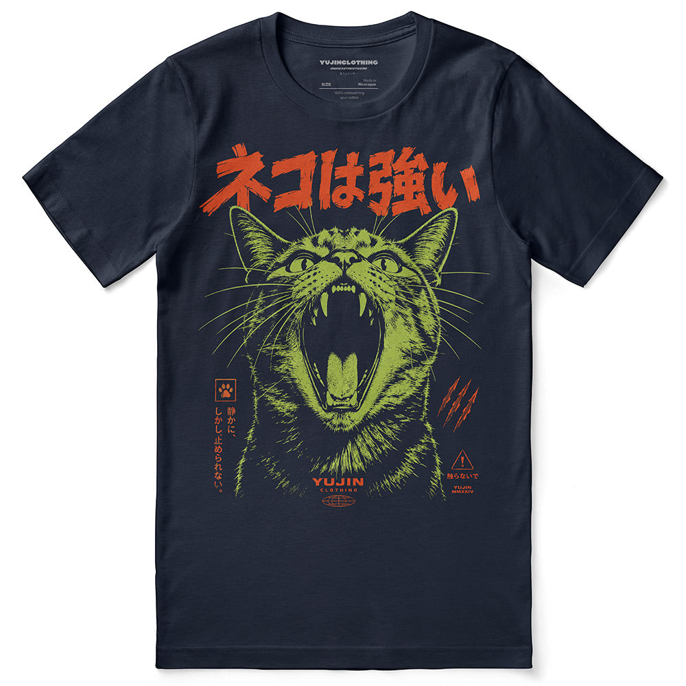 Feral Warning Cat T-Shirt — navy flat lay
