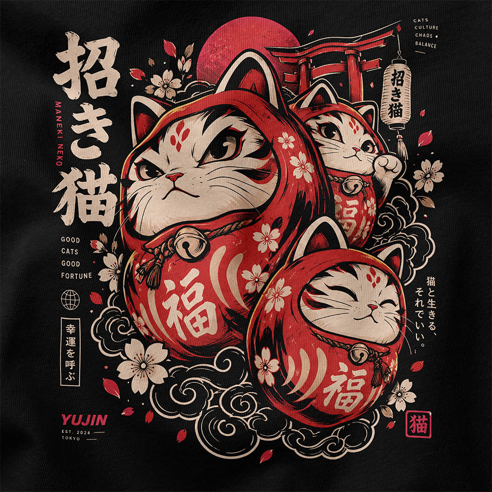 Good Fortune Maneki Cat T-Shirt — Black PSD closeup