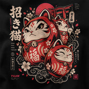 Good Fortune Maneki Cat T-Shirt — Black PSD closeup