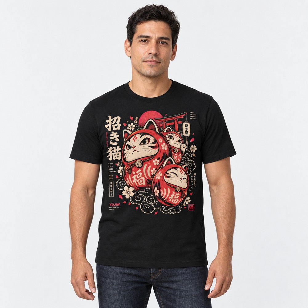 Good Fortune Maneki Cat T-Shirt — Black male lifestyle