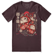 Good Fortune Maneki Cat T-Shirt — Maroon flat lay