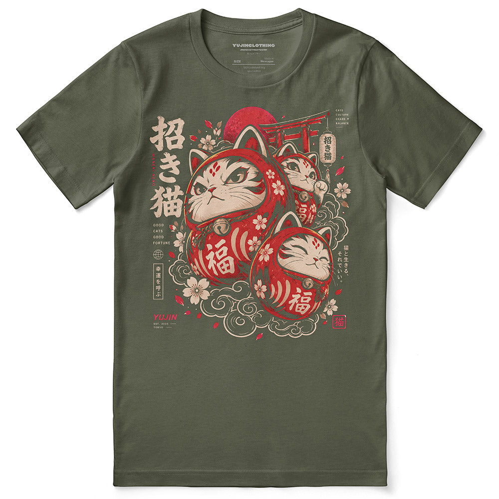 Good Fortune Maneki Cat T-Shirt — Military Green flat lay