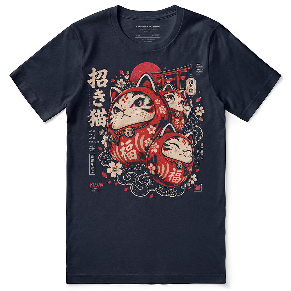 Good Fortune Maneki Cat T-Shirt — Navy flat lay