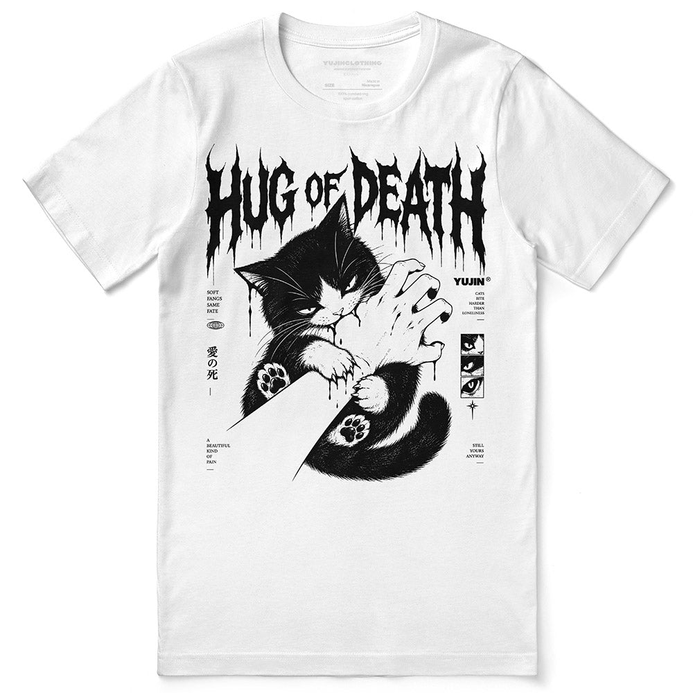 Hug of Death Cat T-Shirt — White front flat lay
