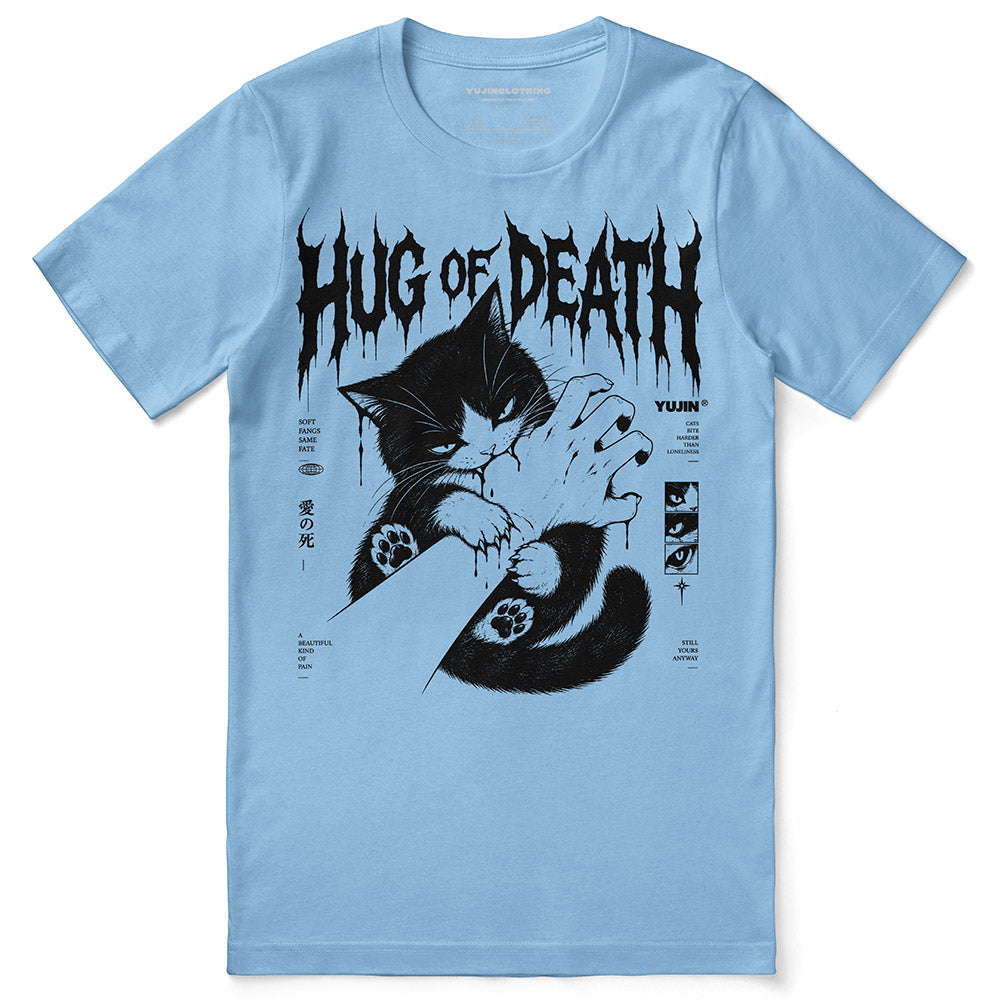 Hug of Death Cat T-Shirt — ocean blue flat lay