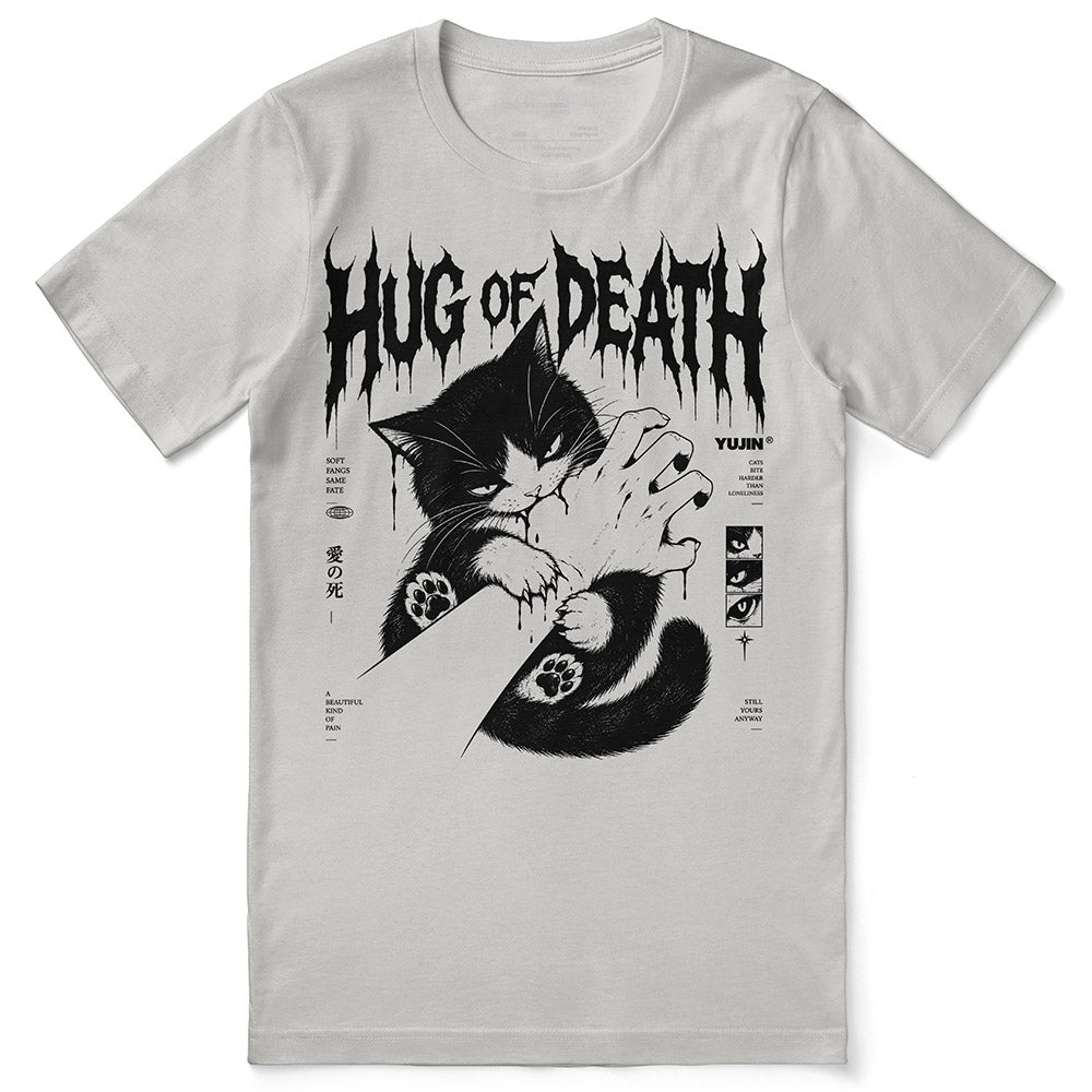 Hug of Death Cat T-Shirt — silver flat lay