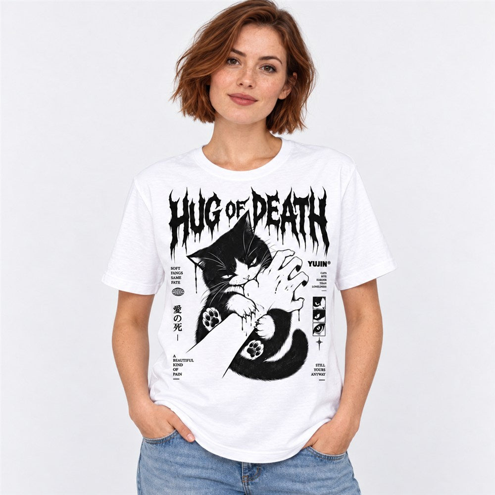 Hug of Death Cat T-Shirt — female model wearing white graphic T-shirt