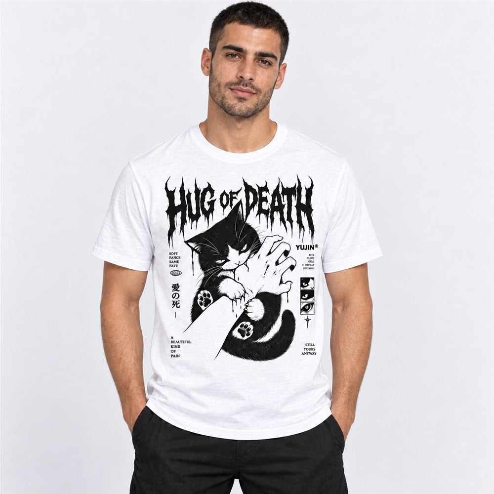 Hug of Death Cat T-Shirt — male model wearing white graphic T-shirt