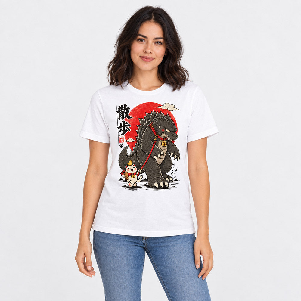 Kaiju Cat Walk T-Shirt — White female lifestyle