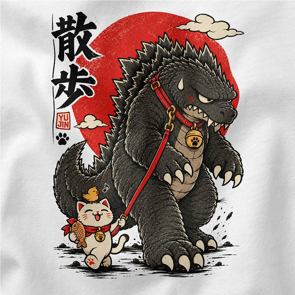 Kaiju Cat Walk T-Shirt — artwork detail on White