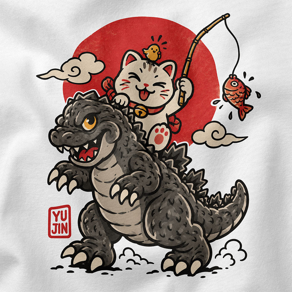 Close-up of Kaiju Fishing Club Cat T-Shirt artwork on White