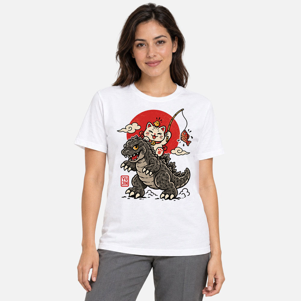 Female model wearing Kaiju Fishing Club Cat T-Shirt in White