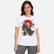 Female model wearing Kaiju Fishing Club Cat T-Shirt in White