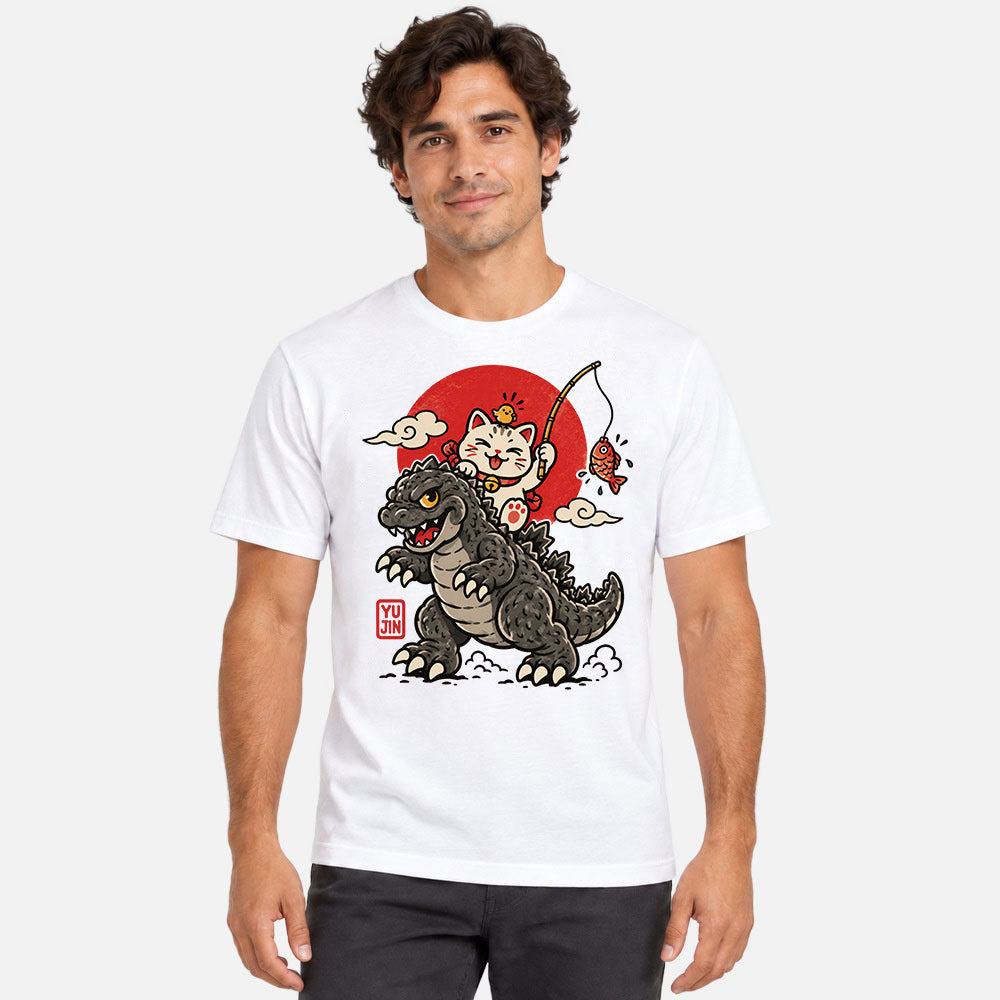 Male model wearing Kaiju Fishing Club Cat T-Shirt in White
