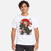 Male model wearing Kaiju Fishing Club Cat T-Shirt in White