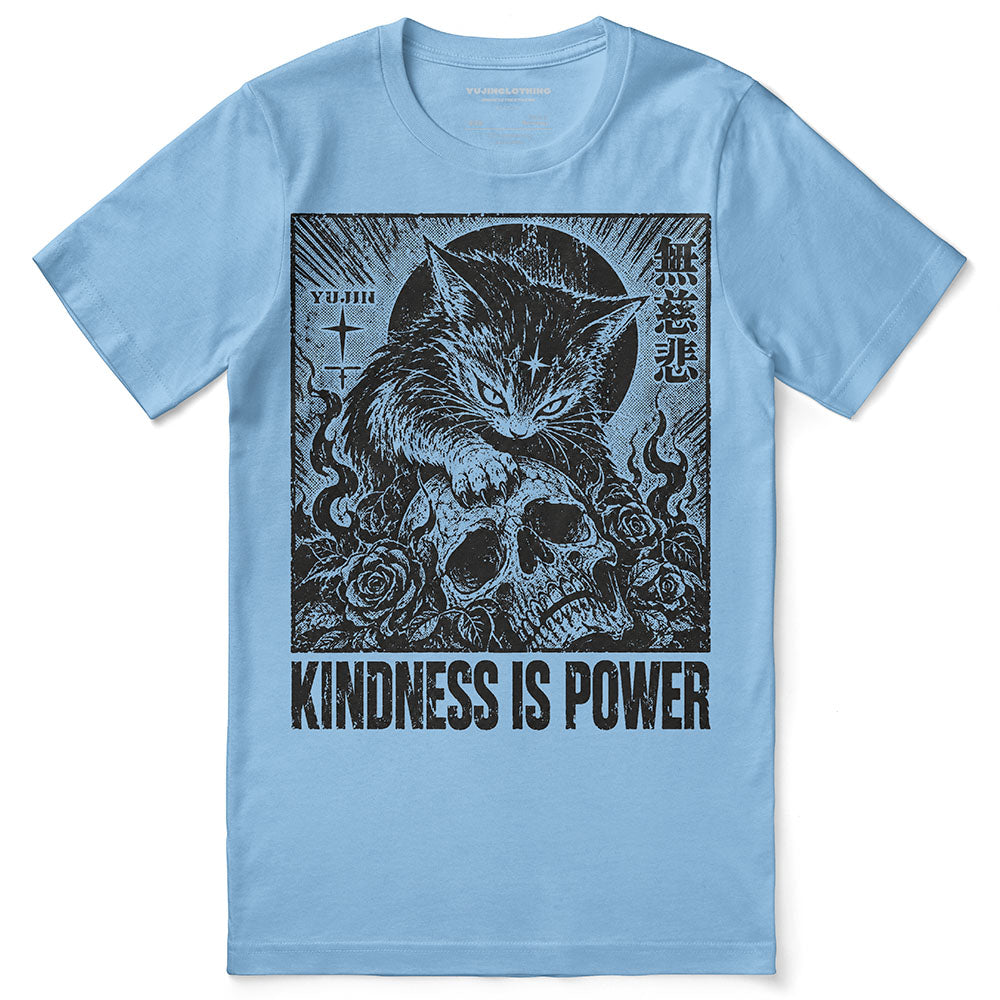 Kindness Is Power Cat T-Shirt in Ocean Blue - front flat lay
