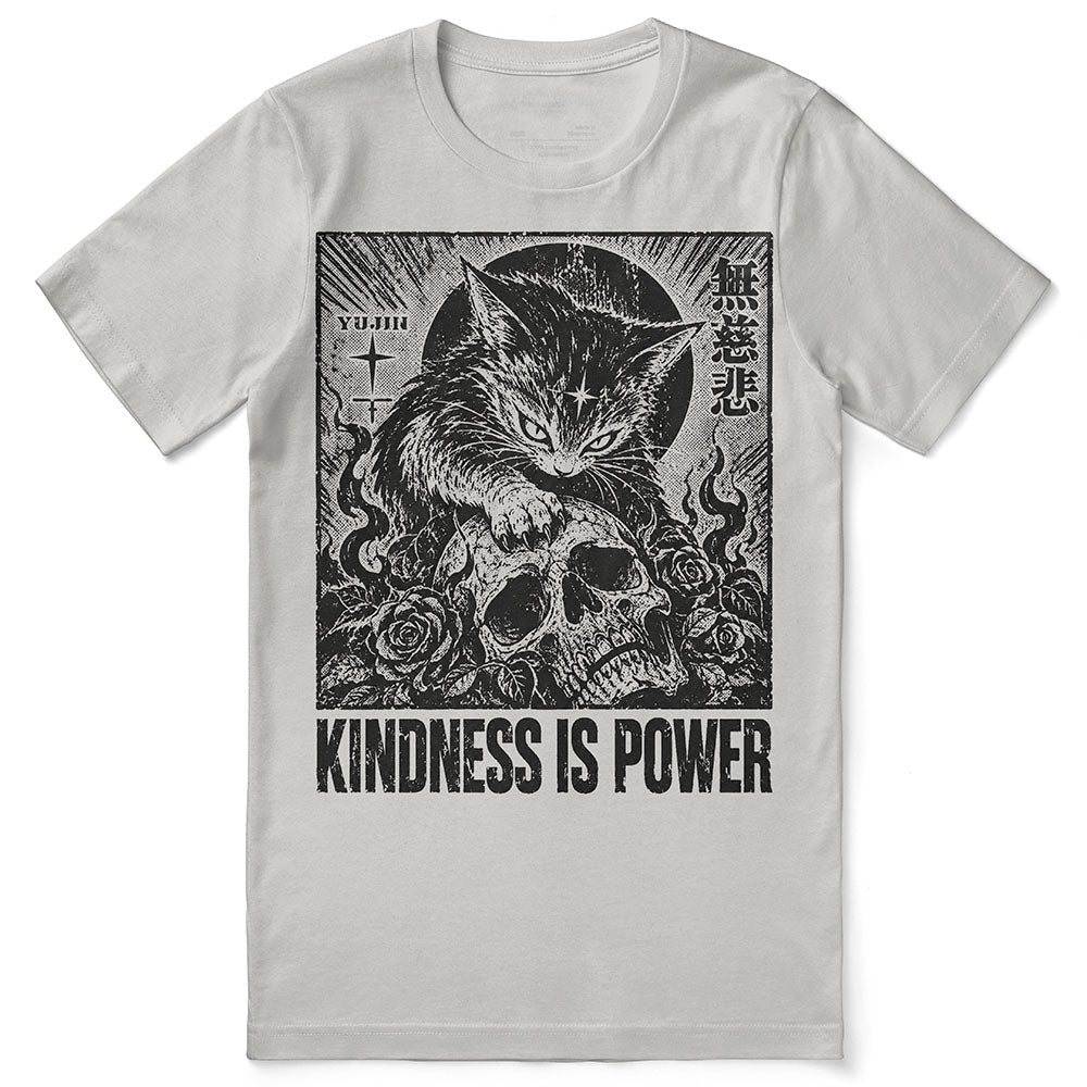 Kindness Is Power Cat T-Shirt in Silver - front flat lay