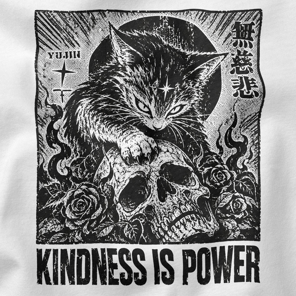 Close-up of Kindness Is Power Cat T-Shirt artwork on White