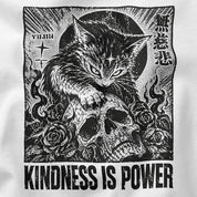 Close-up of Kindness Is Power Cat T-Shirt artwork on White
