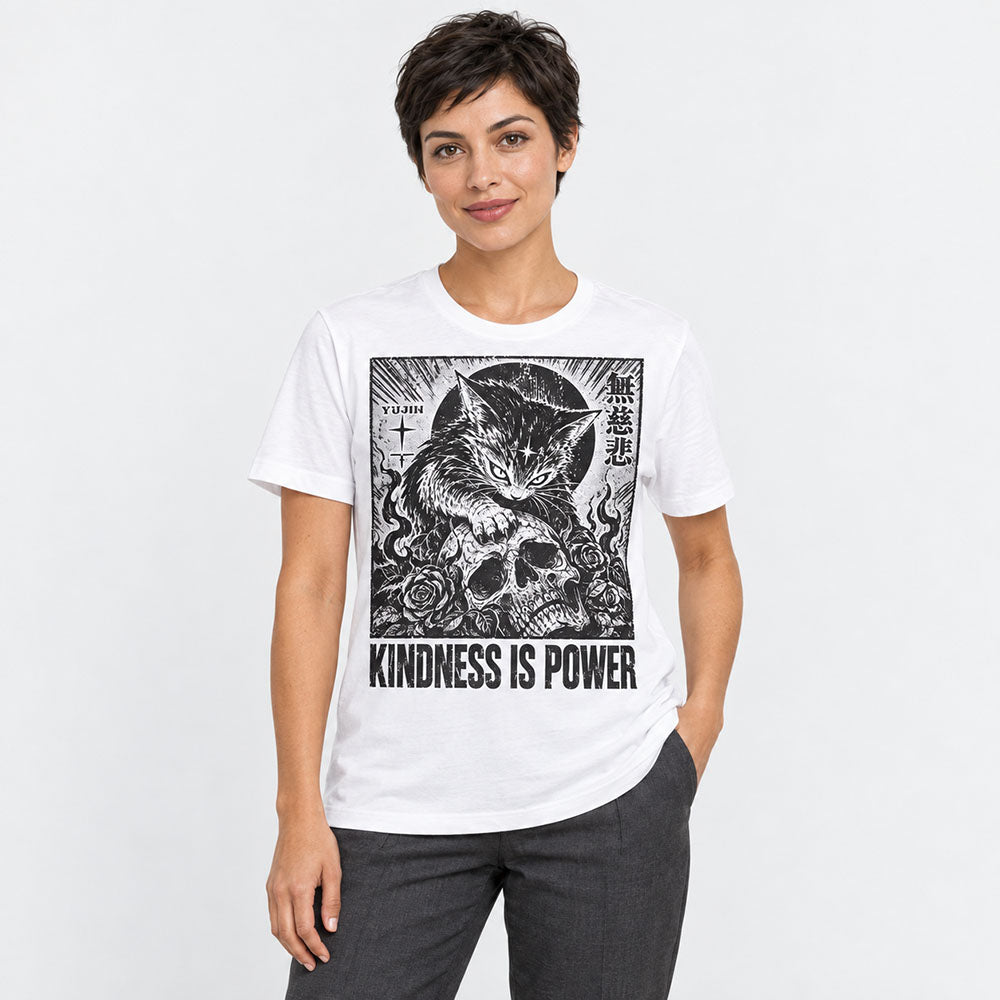 Female model wearing Kindness Is Power Cat T-Shirt in White