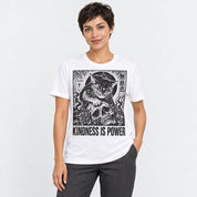 Female model wearing Kindness Is Power Cat T-Shirt in White