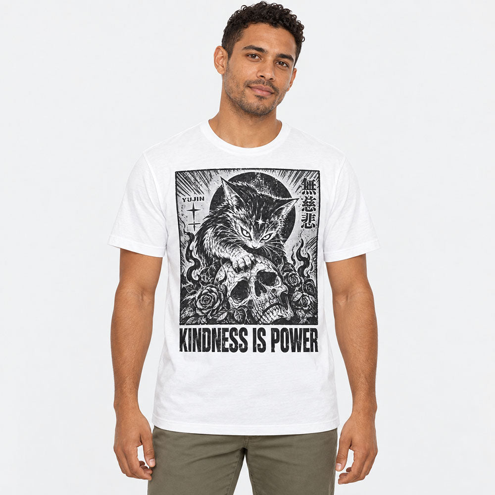 Male model wearing Kindness Is Power Cat T-Shirt in White