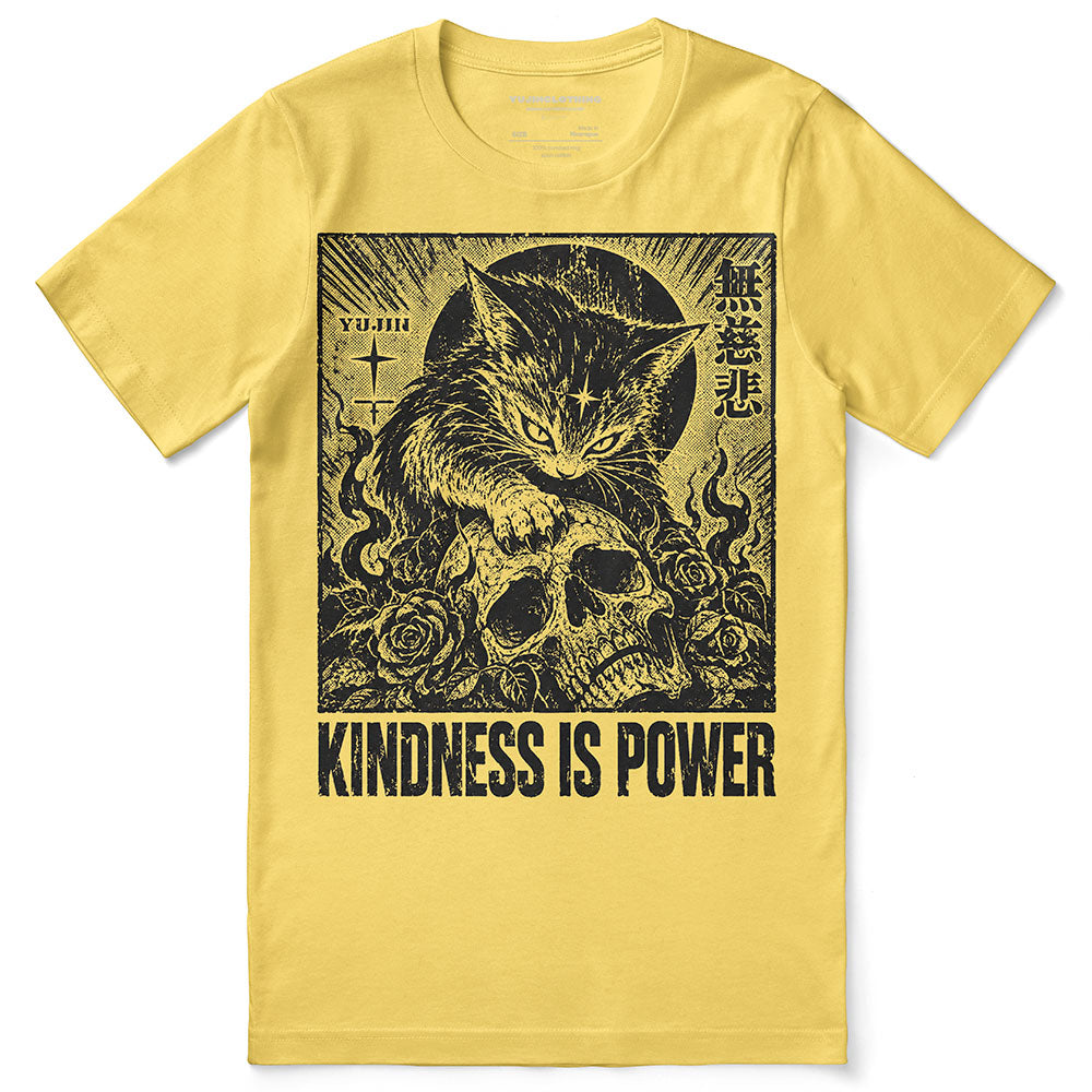 Kindness Is Power Cat T-Shirt in Yellow - front flat lay