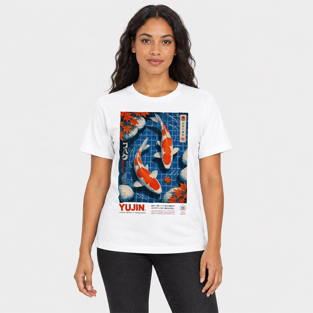 Female model wearing Kohaku Koi Fish T-Shirt in White