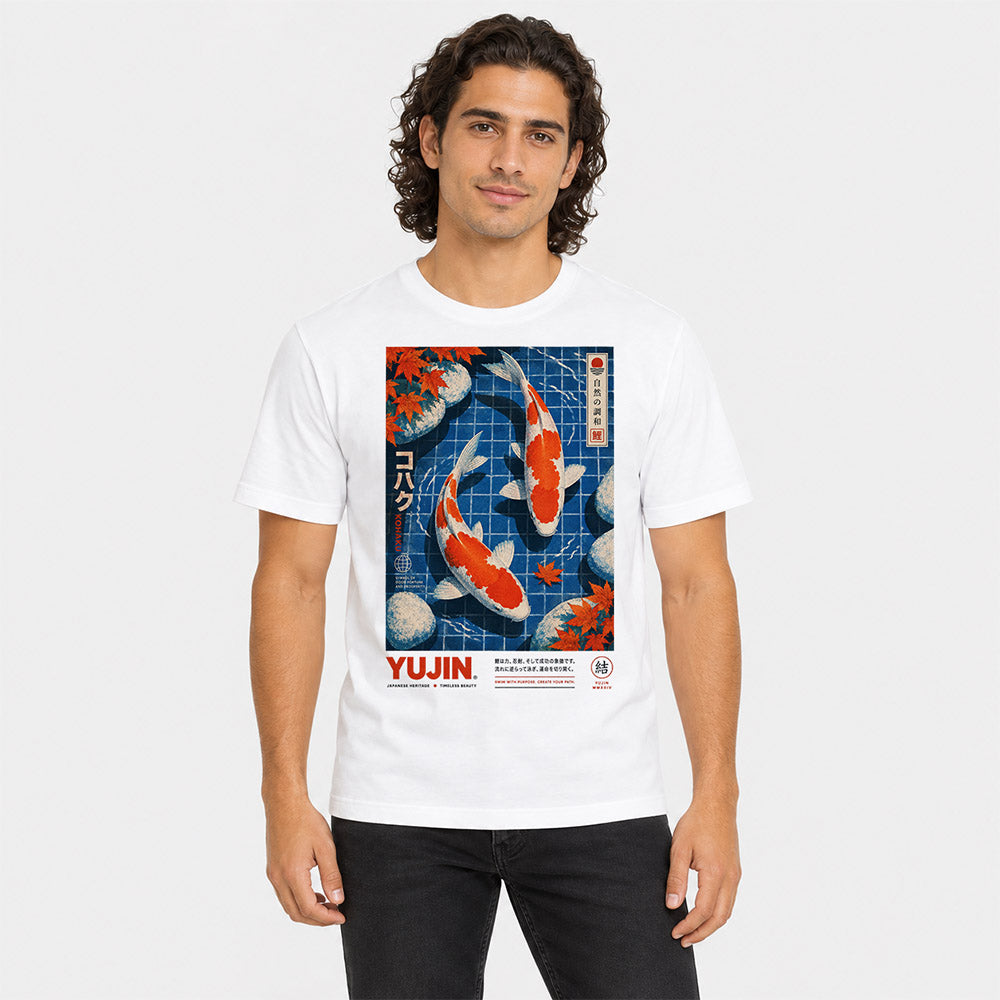 Male model wearing Kohaku Koi Fish T-Shirt in White