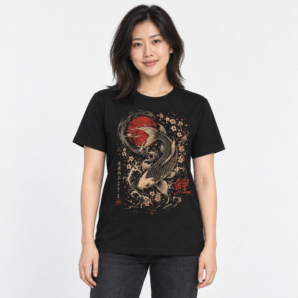 Koi Zen Fish T-Shirt — female studio model, Black