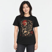 Koi Zen Fish T-Shirt — female studio model, Black