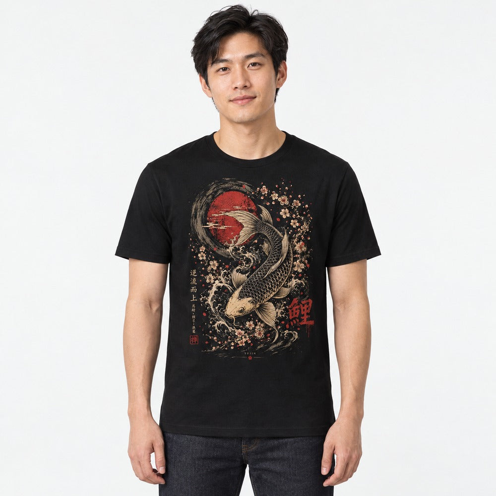 Koi Zen Fish T-Shirt — male studio model, Black