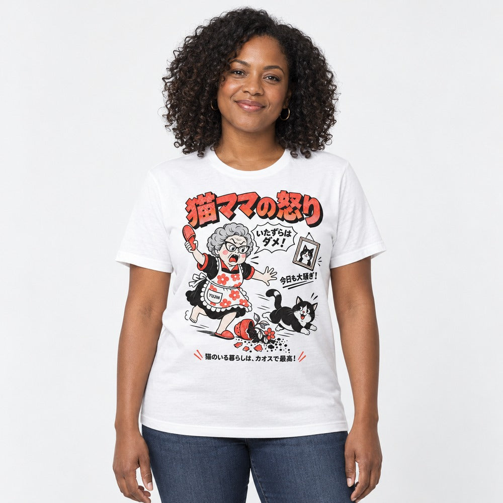 Manga Mayhem Cat T-Shirt — White female lifestyle