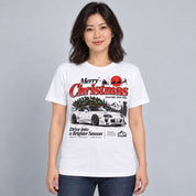 Merry Christmas Retro Car T-Shirt — White T-shirt on female model