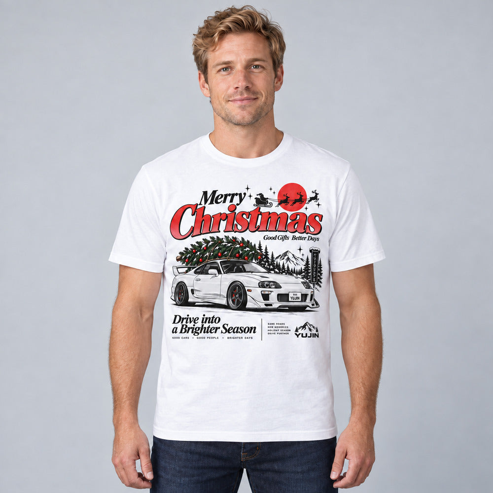 Merry Christmas Retro Car T-Shirt — White T-shirt on male model