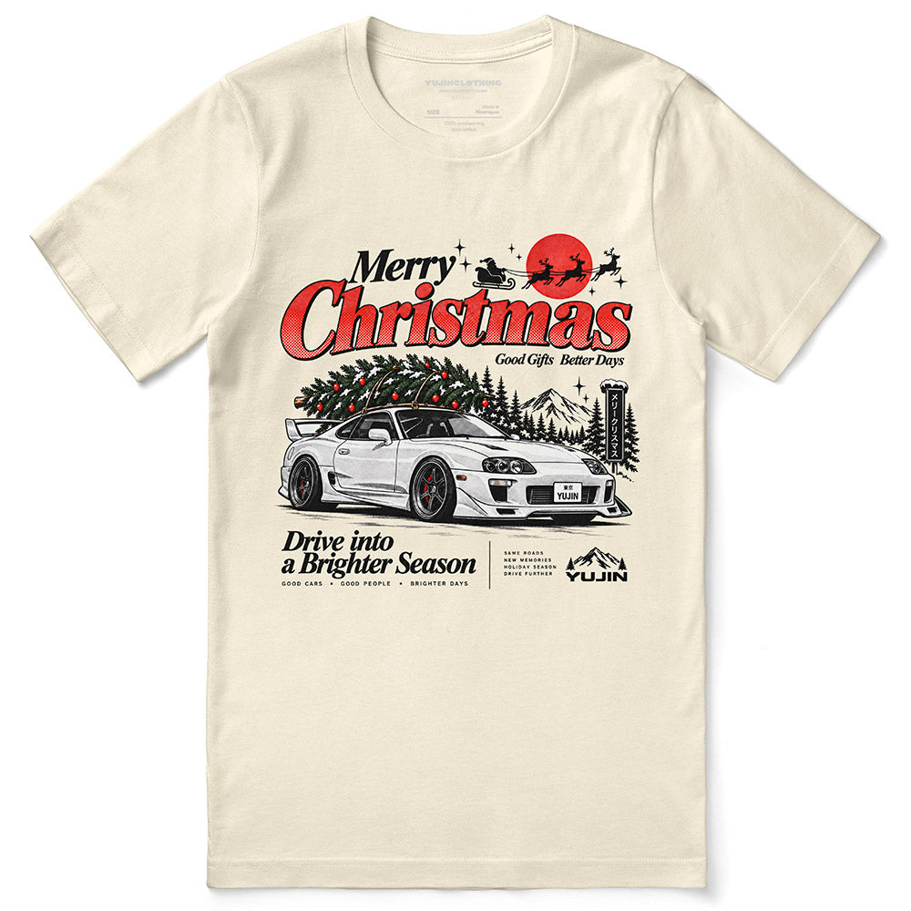 Merry Christmas Retro Car T-Shirt — Natural flat lay